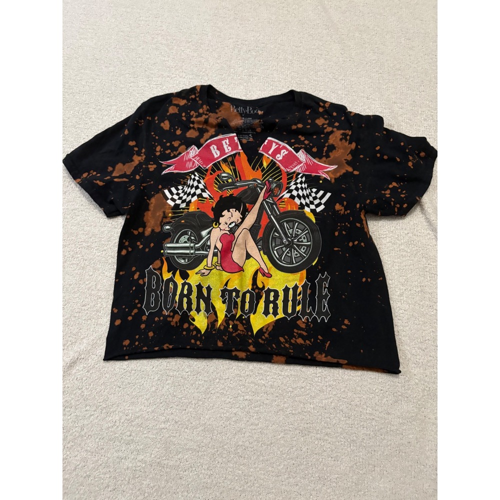Betty‎ Boop Graphic Tee Bleach Splatter Motorcycle Born to Rule Black S